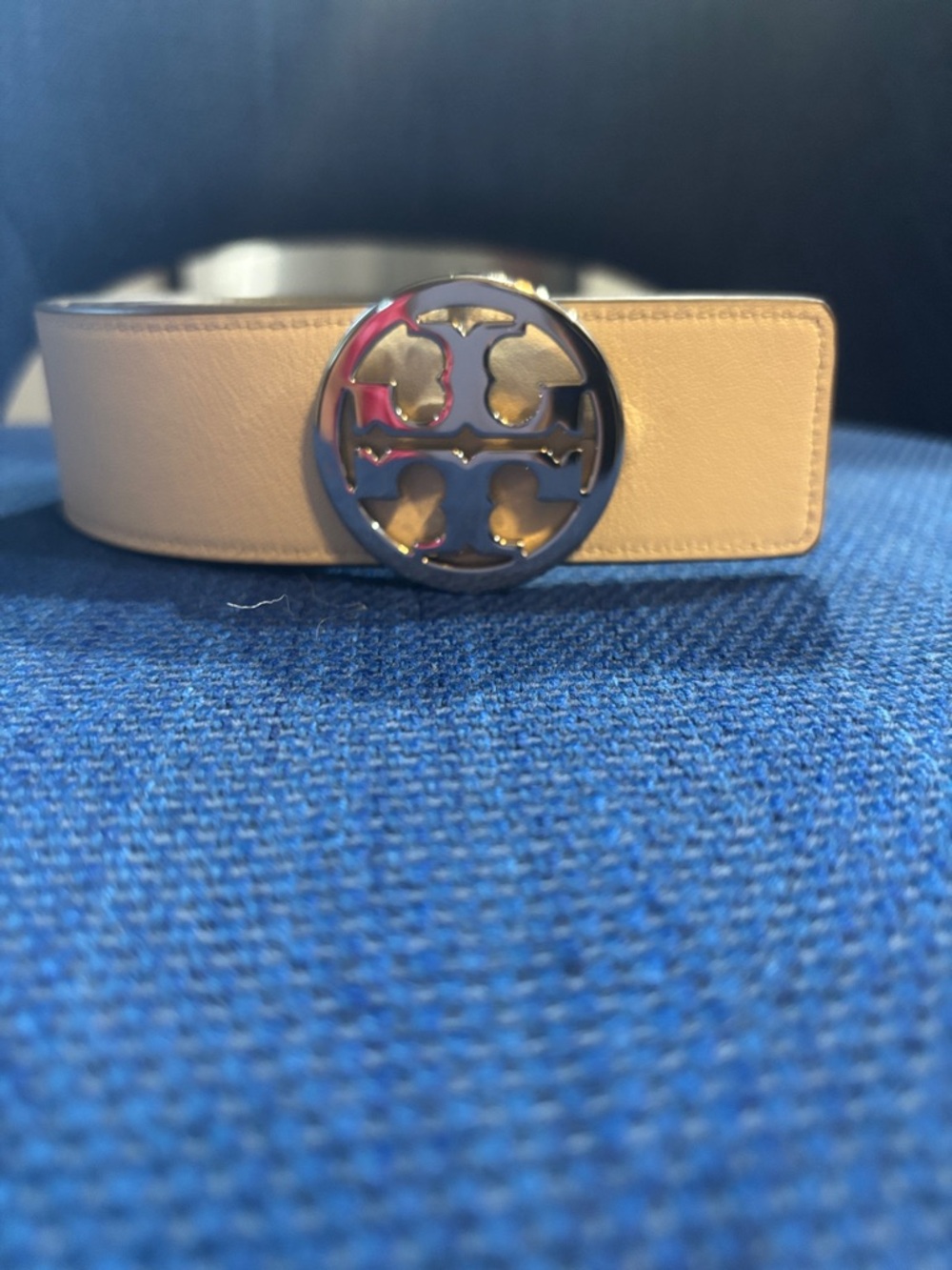 Tory Burch Reversible Beige/Mint GreenLeather Logo Belt with Silver-Tone Buckle